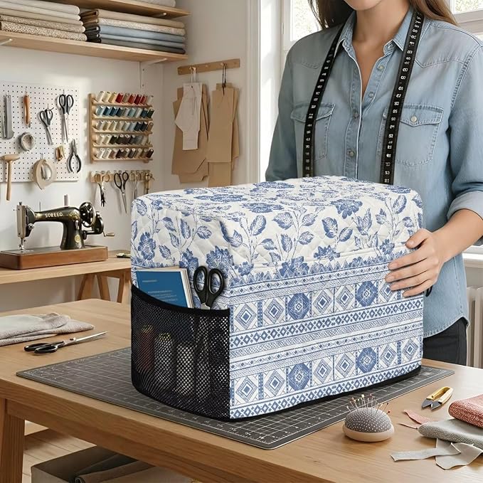 Sewing Machine Cover Polyester Febric Blue White Floral Ethnic | Dust Pet Hair Protection,Quilting Design,Fits Standard Singer,Brother Janome Machines,Protecting Decorating Your Sewing Space