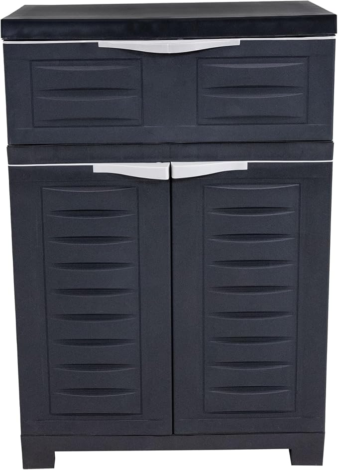 Sunnydaze 34.5" Garage Storage Cabinet with Adjustable Shelf, Charcoal | Heavy Duty Resin Storage Cabinet Resists Rust & Peeling, Utility Cabinet with Drawer & Anti-Tip Kit for Laundry, Office