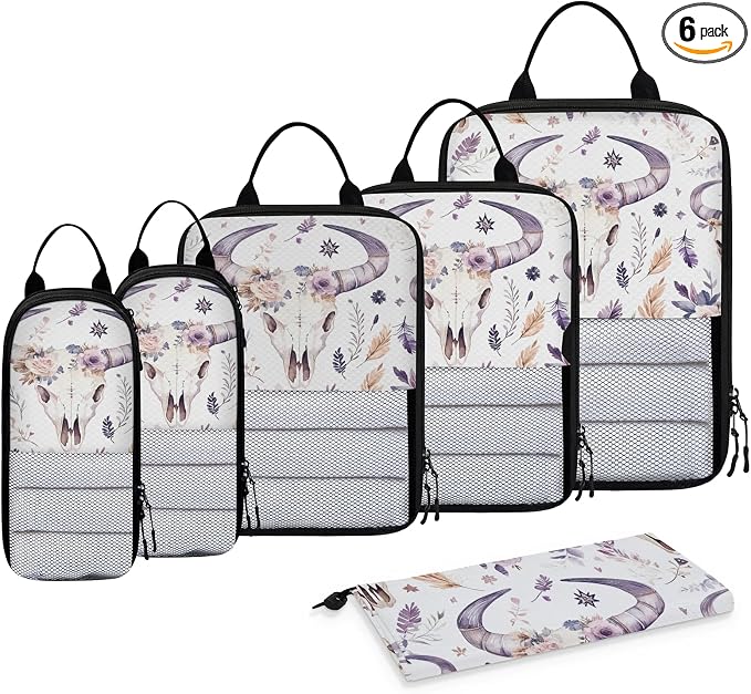 Bull Skull 6 Set Compression Packing Cubes | Western Retro Boho Floral Travel Accessories Expandable Packing Organizers Space Saver Bags for Organizing Clothes