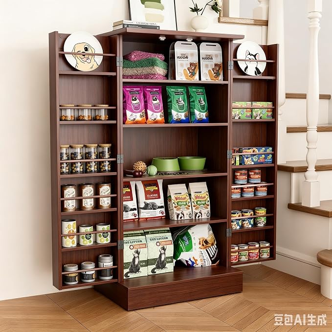 Saudism 47" Dog Food Storage Cabinet with Doors and Adjustable Shelves | Freestanding Pet Storage Container Organizer for Living Room and Dinning Room, Walnut