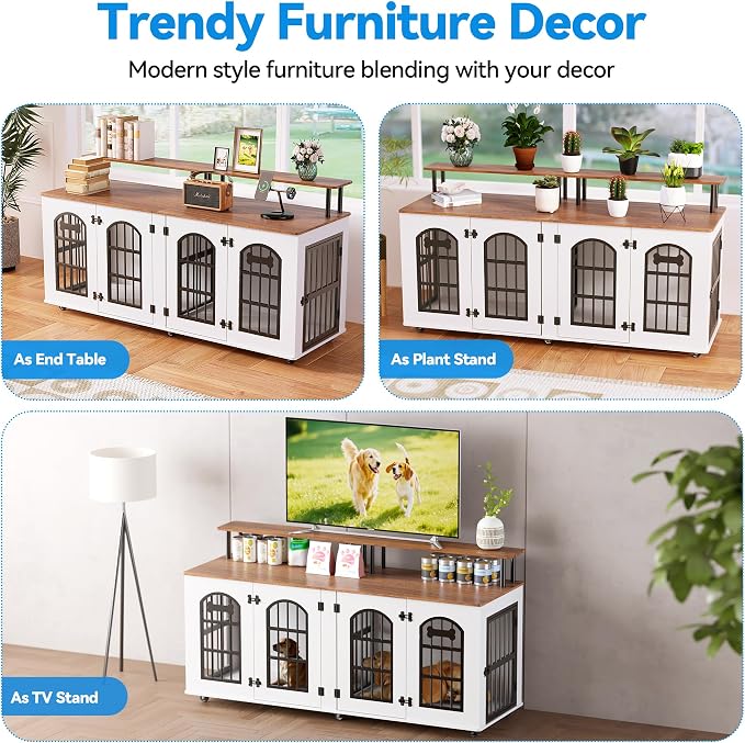 Petrova 63" Dog Crate Furniture for 2 Dogs, Heavy Duty Indoor Dog Kennel for Medium/Large Dogs, Wooden Dog Cage with Removable Divider, 6 Lockable Wheels, Storage Compartment, White