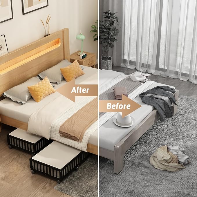2 Pack Large Bamboo Under Bed Storage Containers with Wheels, Black | Underbed Drawer Storage with Bag, Wood Rolling Underbed Organizer for Shoes, Sheets Clothes Blanket Comforter, Under Crib Toy