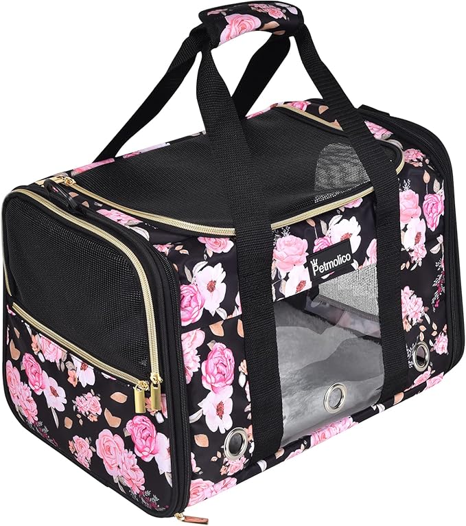 Petmolico Cat Carrier Soft-Sided Airline Approved, Medium, Pink Peony | For small/medium cats & puppies up to 16 lbs, 3 open doors, travel-friendly pet bag