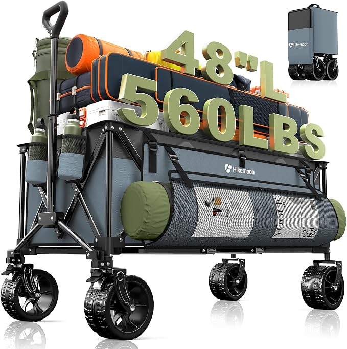 48'' Extra Large Collapsible Wagon, Big Wheels, 300L Red & Grey | 560LBS Heavy Duty, Wagons Carts Foldable, All-Terrain, Brakes, Folding Cart, Utility for Beach/Camping/Garden/Sports/Grocery