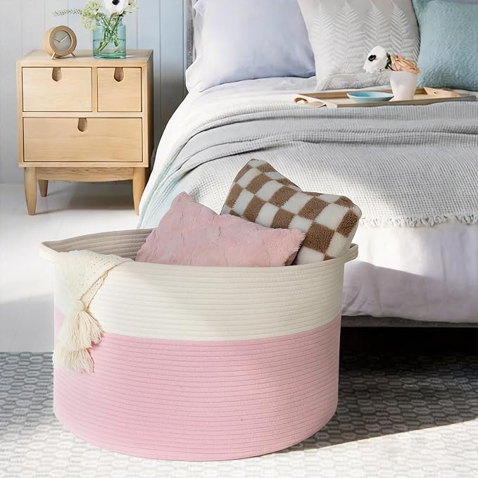 MEGASKET Pink Storage Baskets for Organizing, 22"X22"X14" XXXL Blanket Basket Living Room, Large Toy Basket, Soft Pink Cotton Rope Woven Baskets for Storage, Decorative Gifts Basket Bins for Nursery