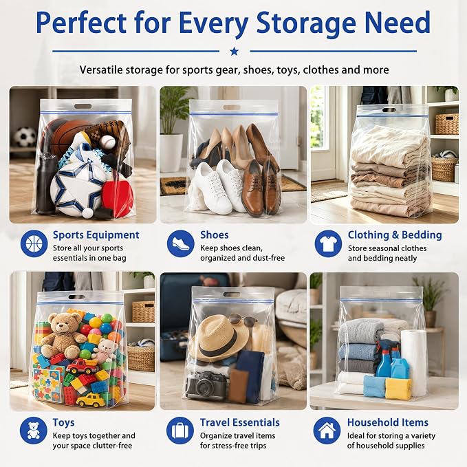 Extra Large 25 Gallon Storage Bags | 35” x 24”, Double Zip, Handled, Ideal for Clothes, Moving and Travel, 5 pack