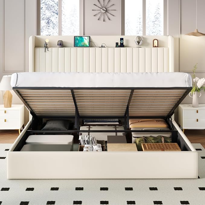 SHA CERLIN King Size Lift Up Storage Bed Frame, Charging Station, Cream | Storage Headboard with Charging Station, USB, Type-C Port Velvet Hydraulic Storage Bed No Box Spring Needed Noise Free