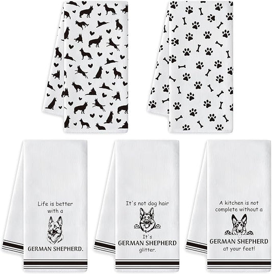 R HORSE German Shepherd Kitchen Dish Towel - 5Pcs Cute German Shepherd Cleaning Dishcloth Animal Dog Absorbent Bar Quick Dry Hand Towel Tea Towels for Dog Lovers Bathroom Kitchen Home Decors