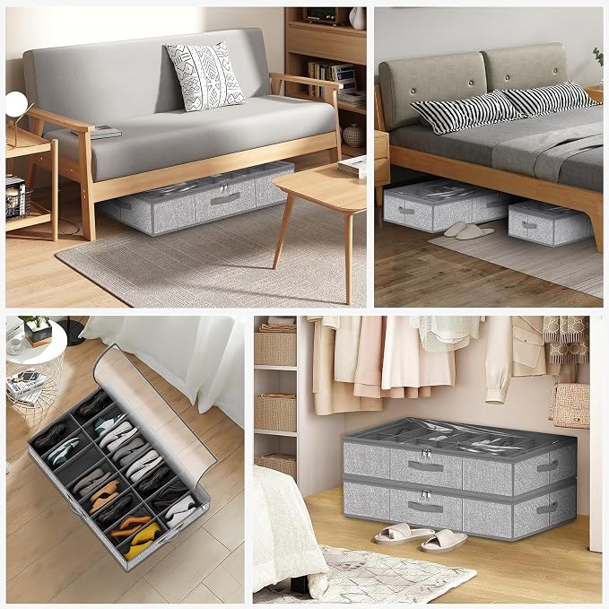 32 Pairs Shoe Organizer Under Bed, Underbed Shoe Storage Boxes Bins, Organizador De Zapatos, Extra Large Zapateras Organizer, Grey, Set of 2