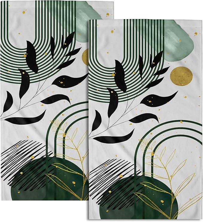 Giwawa Boho Leaf Hand Towel Set of 2 Mid Century Abstract Green Line Sun Face Fingertip Towel Quick Dry Dish Wash Cloth for Hotel Bathroom Gym Home Spa Decor