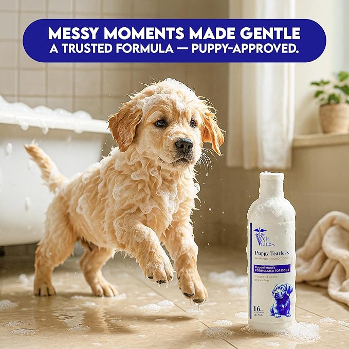 Puppy Tearless Shampoo & Conditioner - Gentle Wash for Puppies with Sensitive Skin – Mild, Tear-Free Formula Suitable for Dogs 4 Weeks and Older – Made in the USA (16 oz)