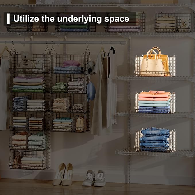 Jautokerdar 6 Tier Extra Large Hanging Storage Organizer,Hanging Closet Shelves with Dividers,Closet Organizer Wire Shelf with 5 S Hooks,Bedroom,Laundry Storag-Black