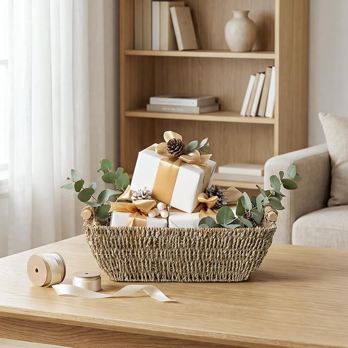 StorageWorks Seagrass Storage Baskets, Large Snack Baskets for Shelves | Wicker Storage Baskets for Shelves, Baskets with Wooden Handles, 2-Pack Gifts Basket for Home Decor, Hand-Woven Basket
