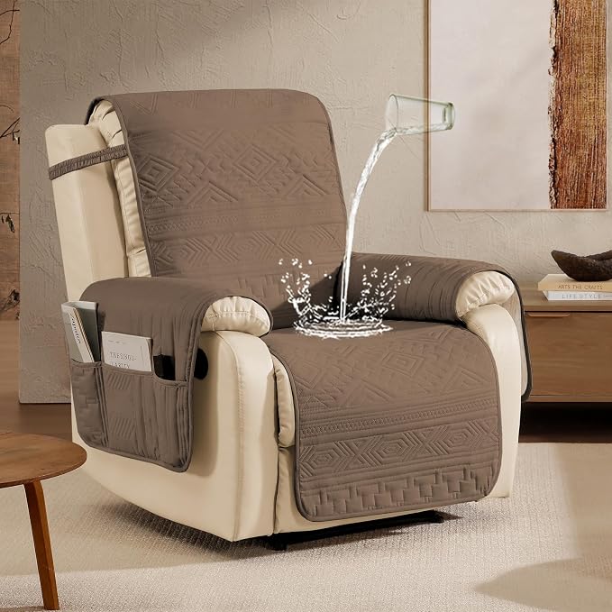 Toffee Quilted Recliner Covers, Waterproof Recliner Chair Covers, Lazy Boy Chair Covers, Pet Friendly Recliner Slipcover for Dogs Cats, Washable Furniture Protector (Recliner 22", Raw Umber)