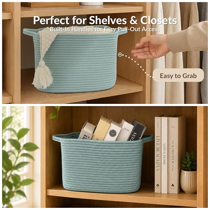 XUANGUO Woven Cotton Rope Storage Basket with Handles 13x10x9 inch Green | Woven cotton rope basket for shelves and closets. Perfect for toys, books, clothes, nursery storage and gift baskets