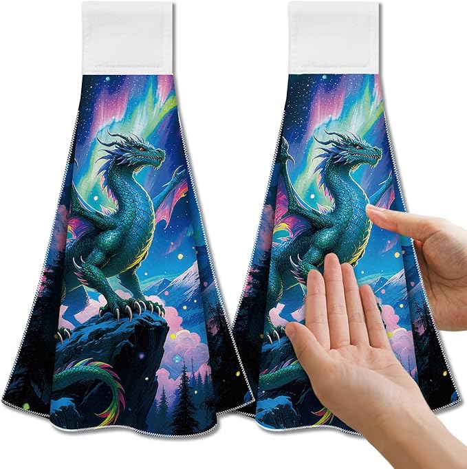 CUTHOLLOW Aurora Dragons Hanging Kitchen Towels with Loop, Set of 2 - Soft & Super Absorbent Microfiber Decorative Hanging Dish & Hand Towel, Tea, Coffee Towel for Kitchen Bathroom Oven Handle