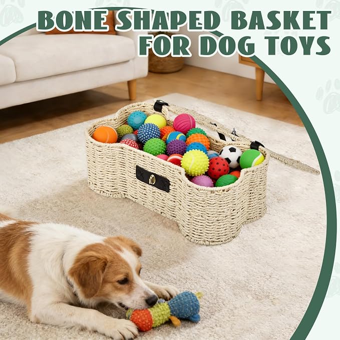 Bone Shaped Storage Basket Large Dog Toy Basket with Lid and Handles Dog Toy Bin Wicker Woven Bone Pet Organizer for Storing Frisbee Blankets Treats Pet Supplies