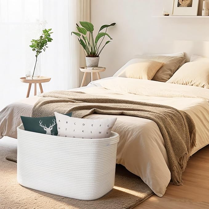 Extra Large White Storage Basket, 23.6" x 17" x 12" Rectangle Blanket Storage for Living Room, White Woven Cotton Rope Basket, Big Kids Toy Box Bin, XXXL Wicker Laundry Baskets for Organizing
