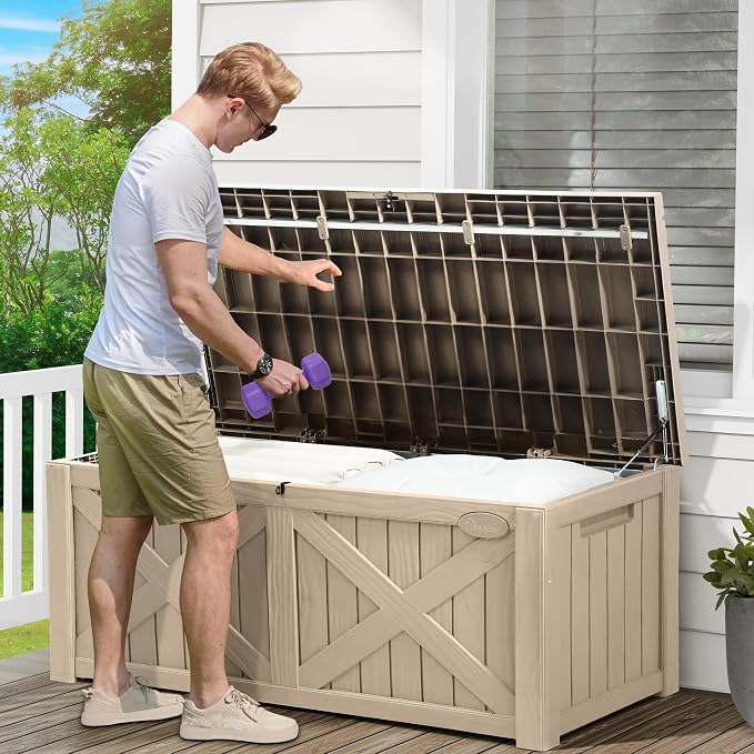 YITAHOME 150 Gallon Large Outdoor Storage Box with X-Shaped Front | Waterproof Resin Deck Box Cushion Storage Bench for Patio, Pool Supplies, Garden Tools- Lockable, Taupe