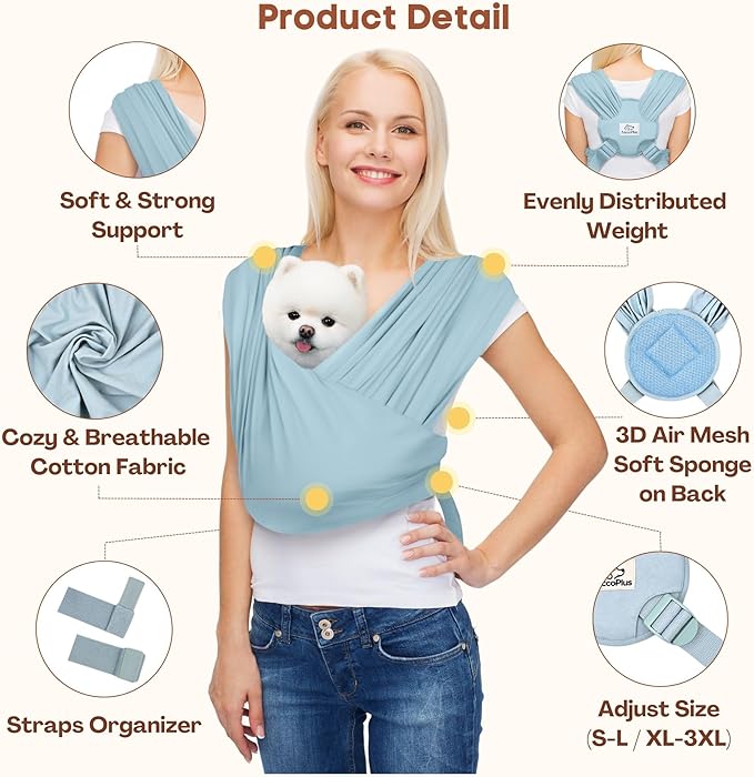 AnccoPlus Small Dog Sling Carrier, Hands-Free, Baby Blue, Regular | Patented Front Carrier Reduces Back and Neck Strain; Adjustable, Soft Cotton, 3D Air Mesh for Puppies & Cats up to 20 lb