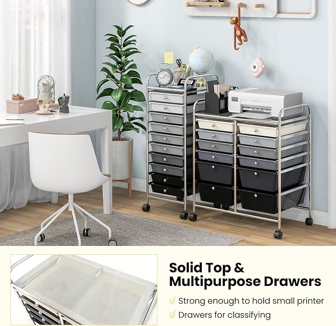 12 Drawer Rolling Storage Cart, Art Cart Organizer on Wheels, Mobile Utility Cart with Drawers, Multipurpose Craft Drawers for Home Office School Classroom (Mixed Black)