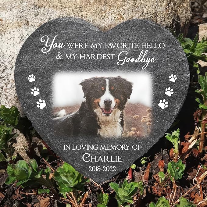 Wrappiness Pet Memorial Stone - Angels Sometimes Have Paws, Personalized Dog Memorial Gifts, Remembrance Condolences Bereavement Gifts for Loss of Pet Custom Photo (Heart 03, Stone)