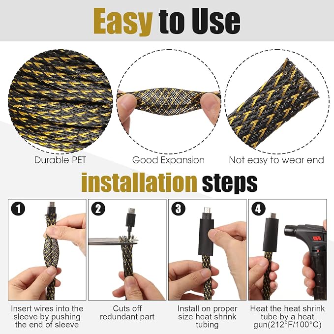 Tatuo 151 ft Braided Cable Sleeve Expandable Wire Sheathing(Gold, Black) | with 120 Heat Shrink Tubing 1/4 in 2/5 in 1/2 in 3/4 in Wire Sleeve Cord Management for Television Audio Computer Video Pets