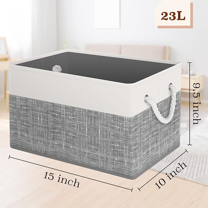 StorageTastic Storage Bin,Collapsible Storage Basket For Organizing,Large | Storage Boxes With Rope Handles,Storage Containers,White & Grey,8 Pack