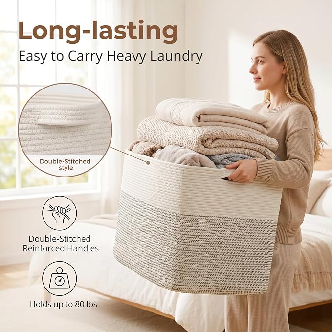 OIASKET 108L Cotton Rope Storage Basket for Living Room and Bedroom 25"x16"x16" Woven Laundry Basket, Heavy Duty Bin for Blankets, Pillows & Toys, Pet-Safe & Scratch-Free, Black and White