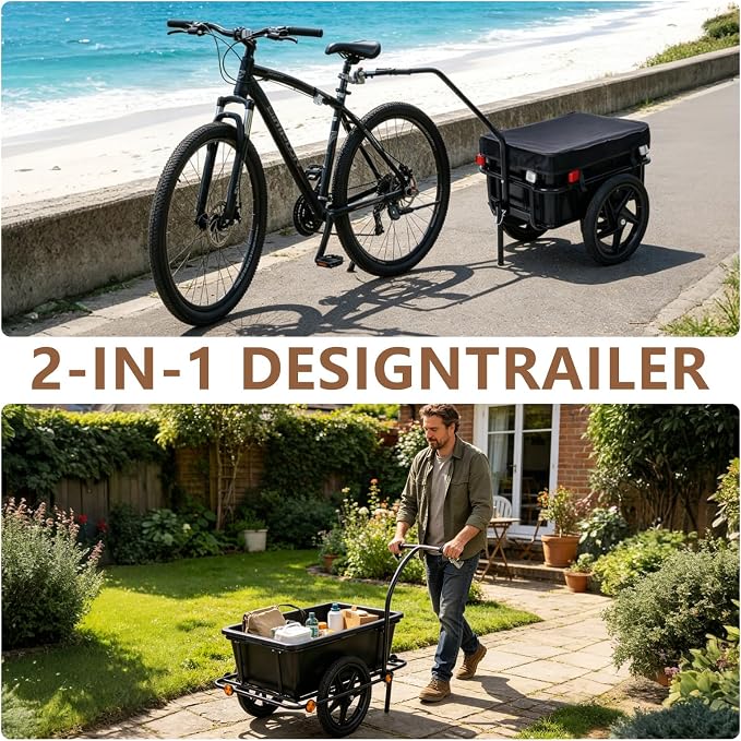 Bike Cargo Trailer, 2-in-1 Utility Trailer Wagon with High-Capacity Plastic Removable Storage Box, Heavy-Duty Steel Frame, Bicycle Cargo Cart with 600D Waterproof Cover for Camping