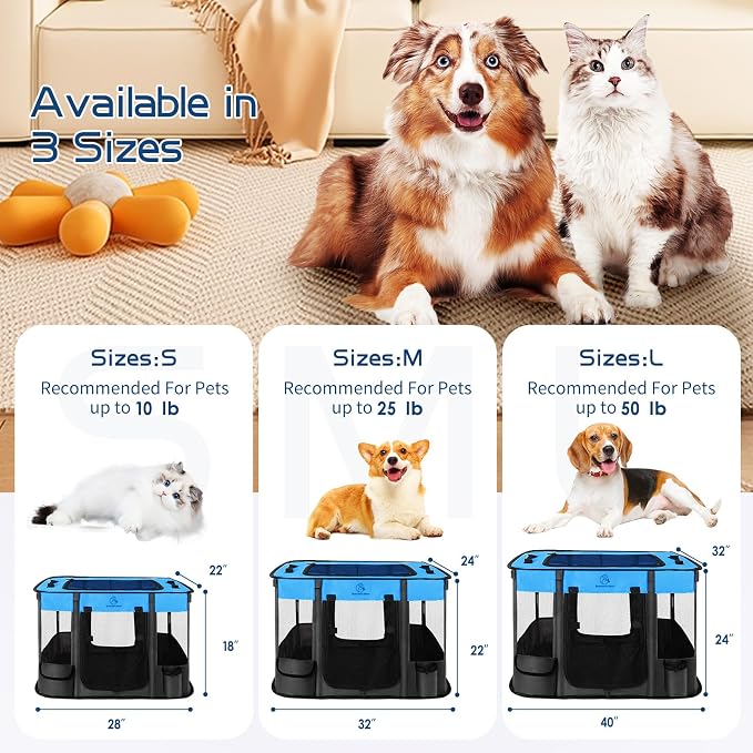ROMANTIC BEAR Dog Playpen,Foldable Pet Puppy Cat Playpen,L(40"x32"x24") | Dog Crate with Upgrade Breathable Mesh and Durable 600D Oxford Cloth,Sturdy Dog Cage Indoor & Outdoor for Small Animals,Blue