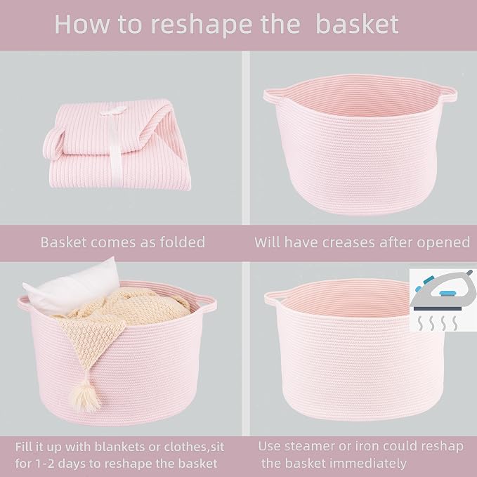 XUANGUO Extra Large Cotton Rope Round Storage Basket 22" x 14" Pink | Woven basket for blankets, toys, towels, laundry, nursery, living room and pet toy storage.