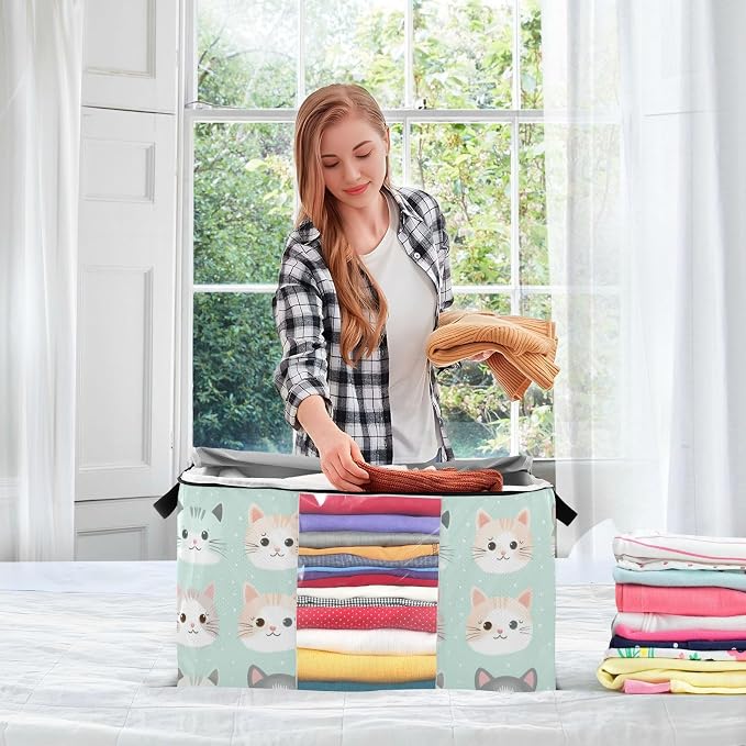 Cute Cats Clothes Storage Bag Bins 2 Pack Foldable Storage Containers Large Closet Organizer with Zipper Storage Cubes for Comforters Clothing Bed Sheets 60L, g355896615p976c1037s2357