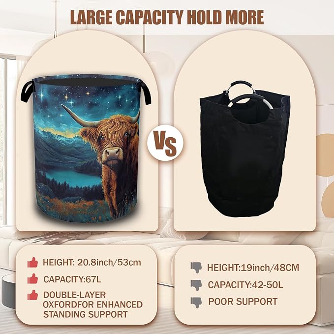 Highland Cow Laundry Baskets,Starry Night Laundry Hamper,Storage Basket with Handles for Bathroom Bedroom College Dormitory Living Room Nursery Organizer 16"x20.8"