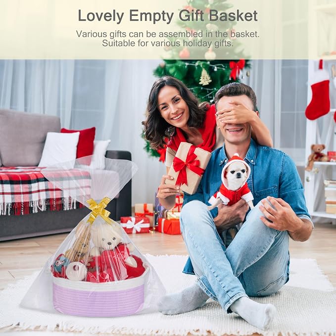Small Empty Gift Basket with Bag & Ribbons, White & Purple | 12“x8”x5”, Cotton Rope Woven Basket for Birthdays, Baby Showers, Mother's Day, Christmas; Stores Small Items, Kids & Pet Toys