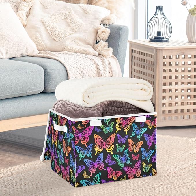 Colorful Butterfly Storage Bins with Lids Closet Bedroom 40L Fabric Bin | Decorative Storage Boxes, Foldable & Stackable, Dust-Proof Flip Top, Reinforced Handles, For Home & Dorm, Clothes & Toy Box