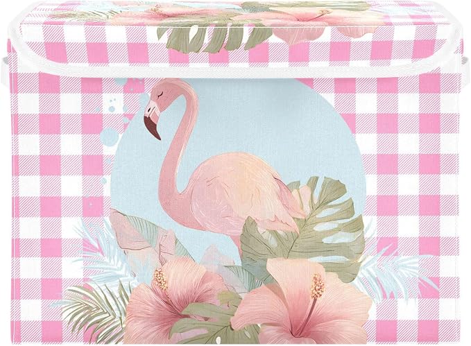 Fabric Storage Bins with Lid Flamingo Foldable Storage Boxes 40L Baskets | Decorative Storage Boxes, 300D Oxford Cloth, Hollow Board Frame, Flip Top Velcro Lid, 16.5x12.6x11.8 inch, Collapsible Design