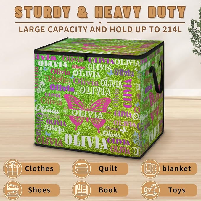 Custom Comforters Storage Basket with Lid, Personalized Name Large Organizer Bin for Pet/Children Toys, Books, Clothes, Perfect for Rooms/Playroom, Bright Lime Yellow Glittert with Butterflies