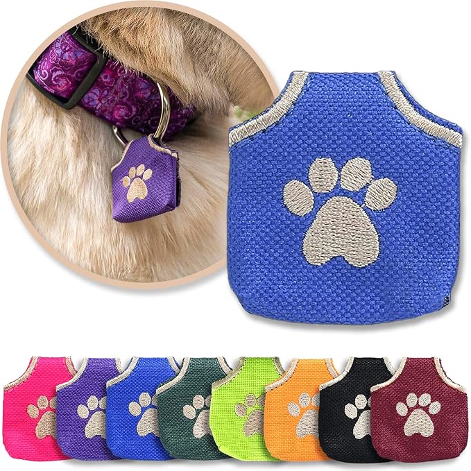 Woofhoof Dog Tag Silencer, Blue Pawprint - Quiet Noisy Pet Tags - Fits Up to Four Pet IDs - Dog Tag Cover Protects Metal Pets IDs, Made of Durable Nylon, Universal Fit, Machine Washable