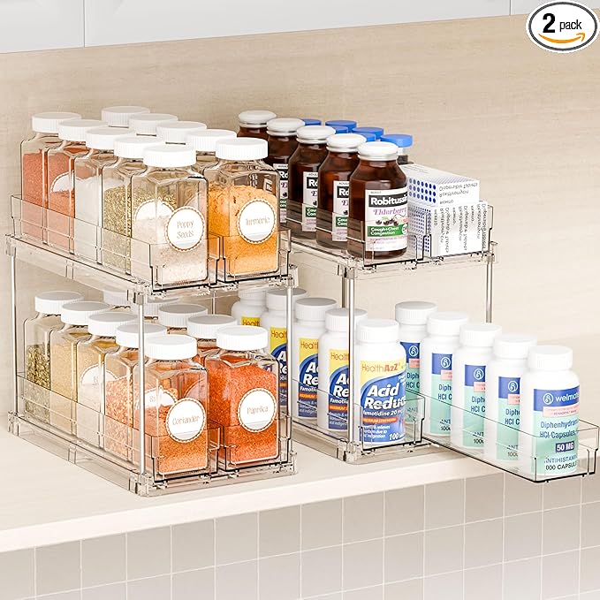 2 Tier Sliding Spice Racks for Cabinets,2 Pack 10.4'' Deep Narrow Vertical Spice Rack Pull Out for Inside Cabinets,Kitchen,Pantry,Cupboard Seasoning,Jar Organizer and Medicine Cabinet Storage