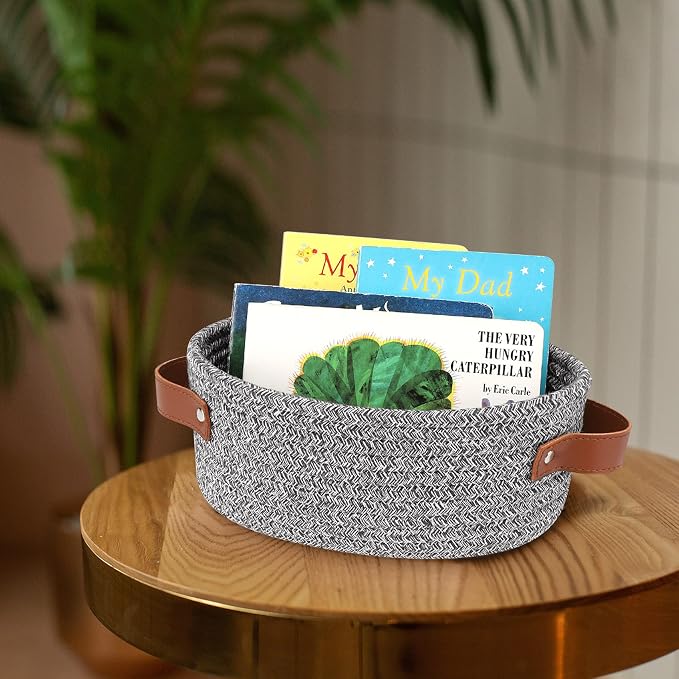 ABenkle Small Woven Basket, Mini Cotton Rope Storage Basket, Tiny Easter Basket, Shelf Basket, Oval Decorative Toy Dog Cat Basket for Nursery, Empty Gift Basket, 9.4" x 5.9" x 3.9" XS