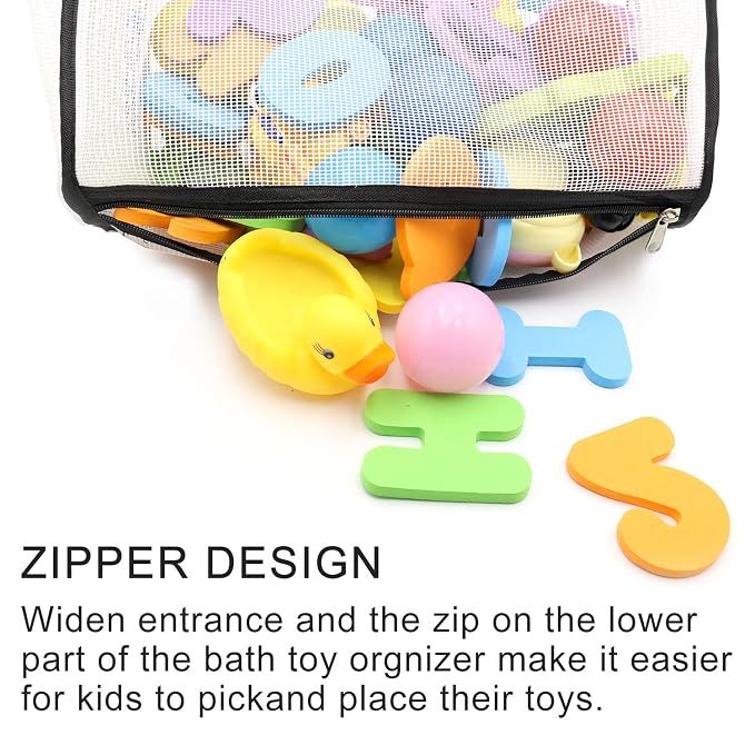 Muchufn Bath Toy Organizer Multiple Ways to Hang | Extra Large Opening Bathroom Toy Holder, Bottom Zipper Bathtub Toy Storage Bag (Black)