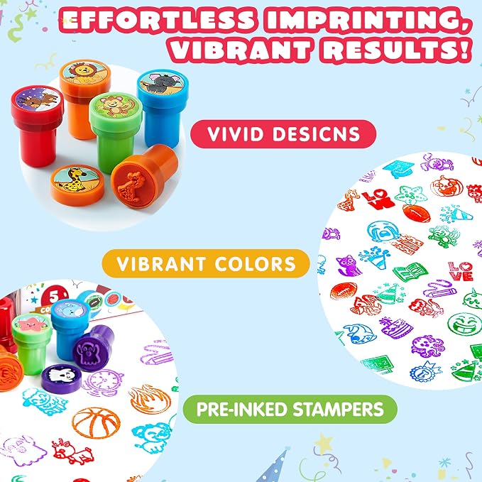 JOYIN 50 Pcs Assorted Stamps for Kids - Self-Ink Stamps with 50 Designs for Birthday Party Favor, Carnival Prizes, School Stampers, Goodie Bag, Classroom Treasure Box Toys (Zoo, Holiday Stampers)