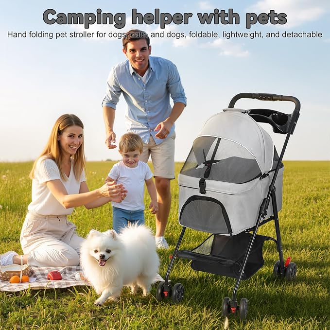 4 Wheel Foldable Pet Stroller – Removable Carrier for Dog Cat, Breathable Mesh Canopy, Storage & Cup Holder, Lightweight Pet Cart Holds 17.6 lbs for Walks Travel Light Grey