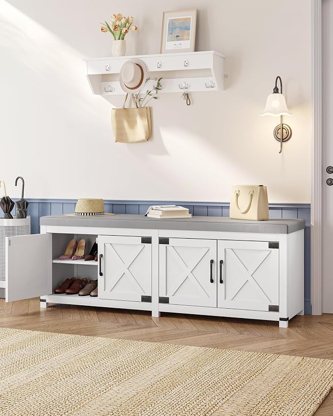 Hzuaneri 59" Shoe Storage Bench, with Soft Padded Seat Cushion & Doors | 2 Tier Entryway Storage Bench with Adjustable Shelf, Farmhouse Shoe Cabinet for Living room, Bedroom, White SB31503GY