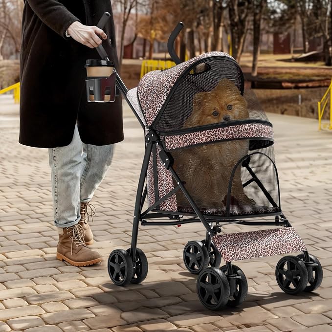 Magshion Compact Fold Pet Travel Stroller for Small Dogs Cats, Leopard | Up to 22lbs, 4-Wheel Lightweight Umbrella Shaped Design, Safety Tethers, Breathable Mesh, Cup Holder & Rear Storage