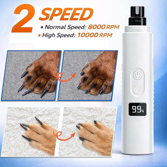 Ultra Quiet Dog Nail Grinder with LED Light, Cats & Dog Nail Trimmers, Anti-slip Dog Nail Clippers, High Speed Grinder for Cats, Small Medium Large Dogs, 3-Speed Adjustable, Replacement Grinding Heads