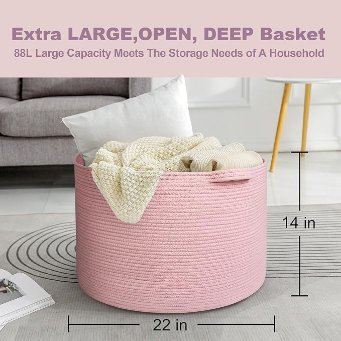 Extra Large Pink Basket, 22"x22"x14" Woven Cotton Rope Bin with Handles, Blanket Storage for Living Room, Baby Kids Toy Storage Bin Box, Wicker Laundry Basket, Pink Room Decor Organizing
