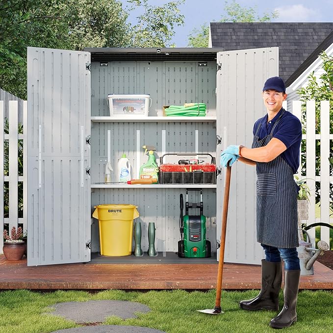 Aoxun 64 Cu.Ft Resin Outdoor Storage Shed with 2 Shelves & Floor, White | Vertical Waterproof Cabinet for Garage, Pool, Bike, Garden Tools, Patio Furniture