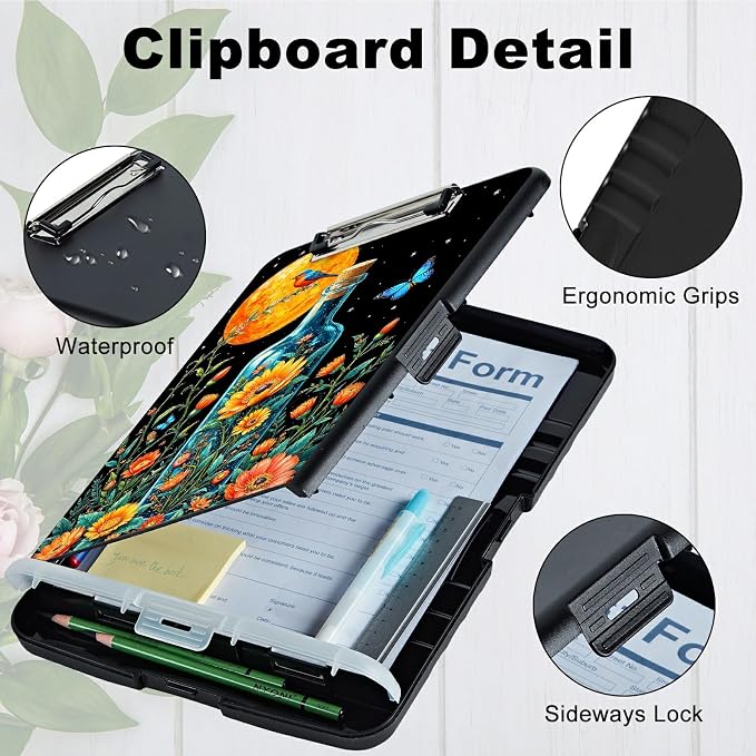 A4 Clipboard with Storage Pen Holder, Clipboards Organizer Nursing Clipboard Foldable File Folder Plastic Clipboard Folio Clip Board for Office Classroom Doctor, Drift Bottle Flowers Birds